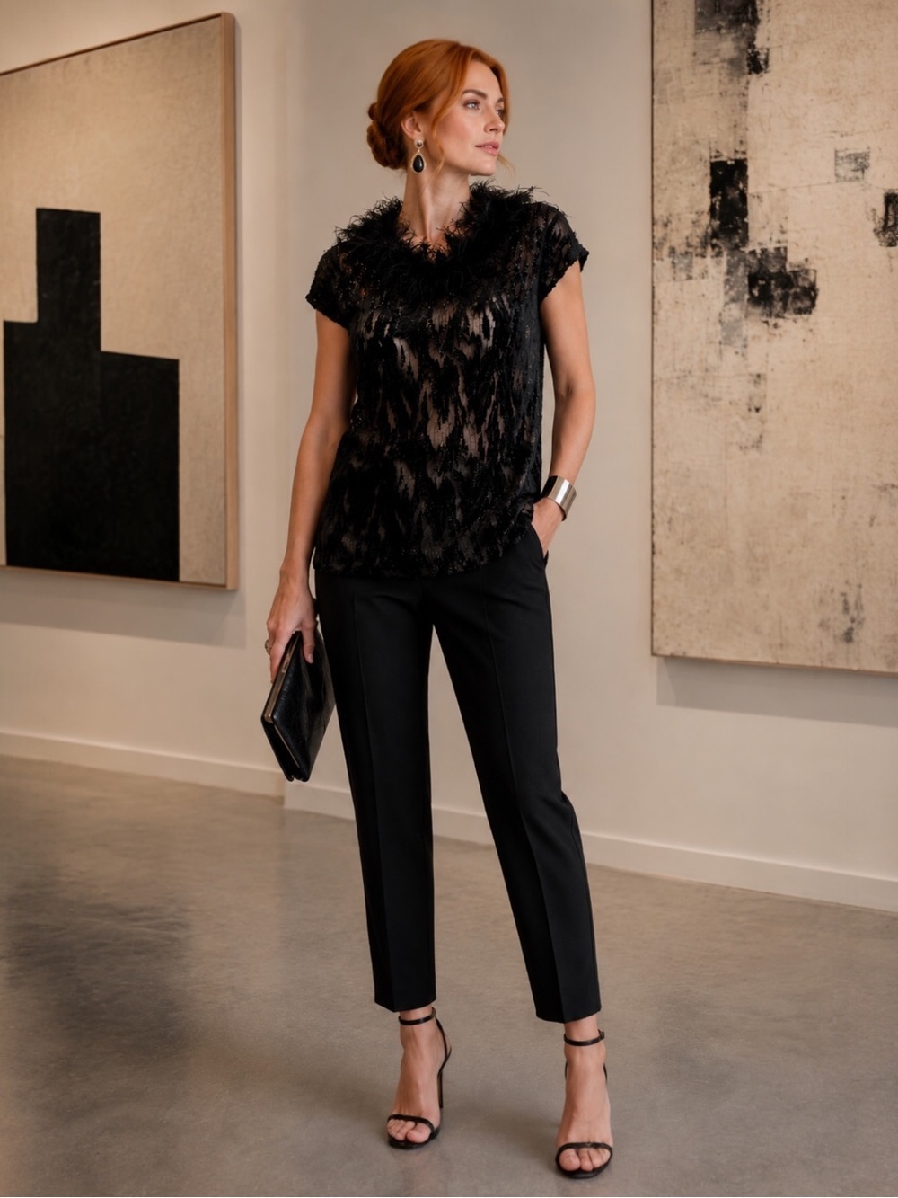 Vintage Joseph Ribkoff Black Burnout Velvet Ostrich Feather Top Evening Glam - Picture 4 of 13
